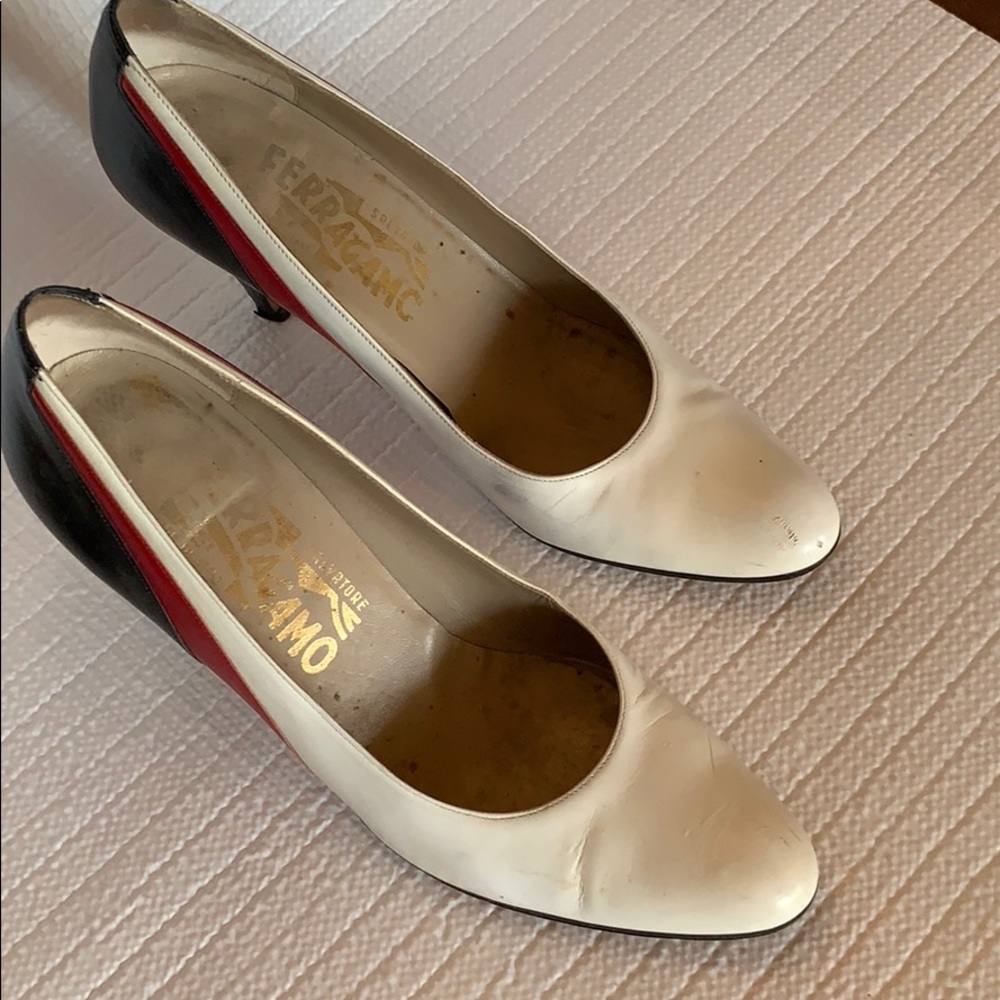 Ferragamo shoes, red, cream and black. Medium use.